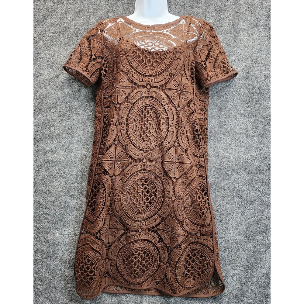 Sundance Womens Boho Crochet Lace Shift Mini Dress Brown S Festival Cottagecore